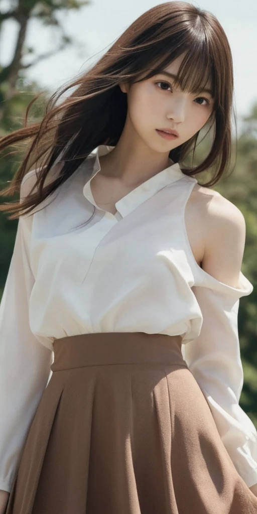 masterpiece, highest quality, 16k, 1 girl, correct human hand, correct human fingers, japanese girl, close up of face, cute, girly, delicate girl, pure beauty, (small breast:1.0)、flat chest、(Breast like a child:1.0)、, sexy lips, luminescence, avert your eyes, Raw photo, f/1.8, 135mm, nikon, anatomically correct, rough skin, professional photography, portrait, soft light, professional lighting, Backlight, film grain, (Eye and face details:1.0), brown hair, Long hair swaying in the wind, bangs、(see-through white blouse、No bra、The skin is transparent、nipples are transparent、pink pleated skirt)、(Beautiful smooth thighs:1.4)、(from head to thighs)