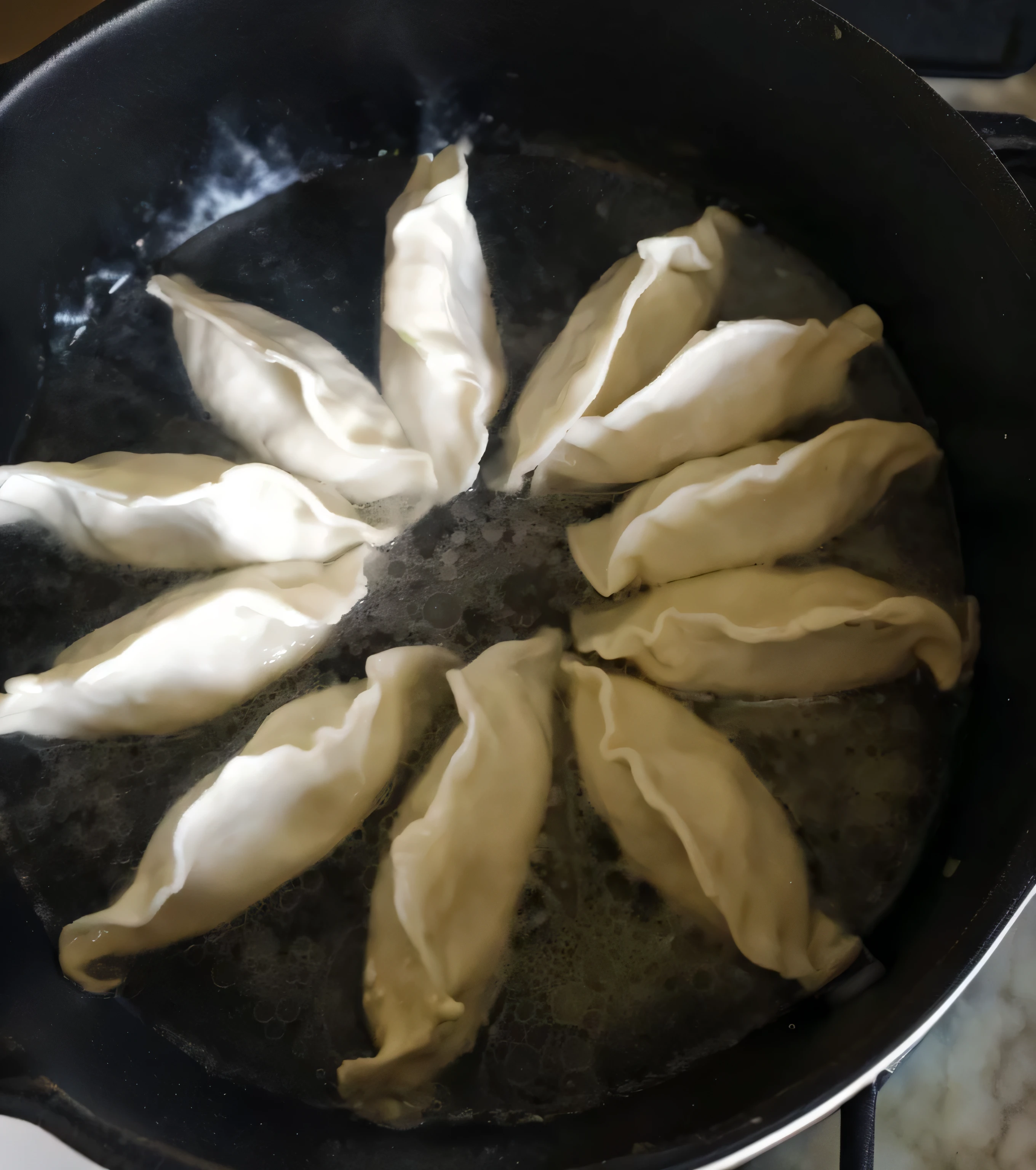 there are dumplings in a pan on the stove cooking, cooked, dumplings on a plate, momoshiki ōtsutsuki, boiling, straining, cooking, frying nails, inspired by Géza Dósa, filling with water, steamed buns, ready to eat, inspired by Nishida Shun'ei, smoke :6, pot
