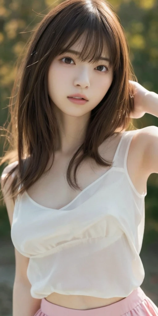 masterpiece, highest quality, 16k, 1 girl, correct human hand, correct human fingers, japanese girl, close up of face, cute, girly, delicate girl, pure beauty, (small breast:1.0)、flat chest、(Breast like a child:1.0)、, sexy lips, luminescence, avert your eyes, Raw photo, f/1.8, 135mm, nikon, anatomically correct, rough skin, professional photography, portrait, soft light, professional lighting, Backlight, film grain, (Eye and face details:1.0), brown hair, Long hair swaying in the wind, bangs、(see-through white blouse、No bra、The skin is transparent、nipples are transparent、pink pleated skirt)、(Beautiful smooth thighs:1.4)、(from head to thighs)