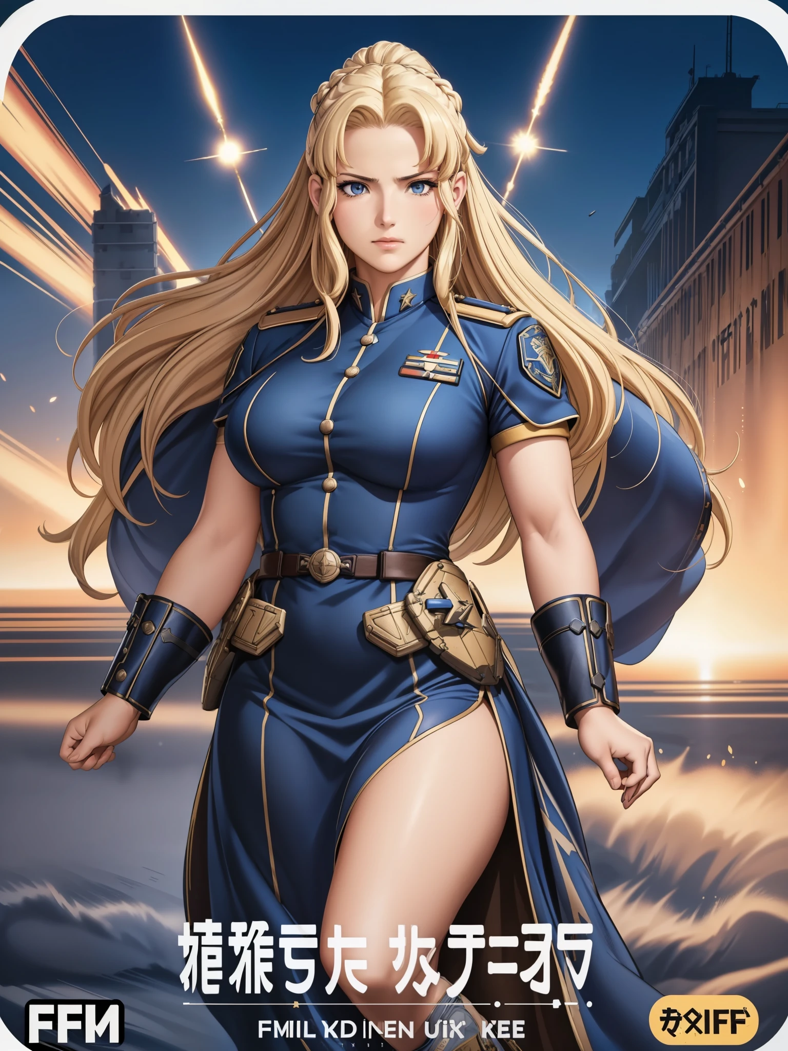 realistic,polite dress,(Fighter Action War Movie Poster),(Foundation Film Reference: 1.8),realistic,Air Force general uniform,(realistic face resolution),movie pose,adult,skinny,big,A long-haired dark blonde woman,serious face,SF,SF,Various support characters