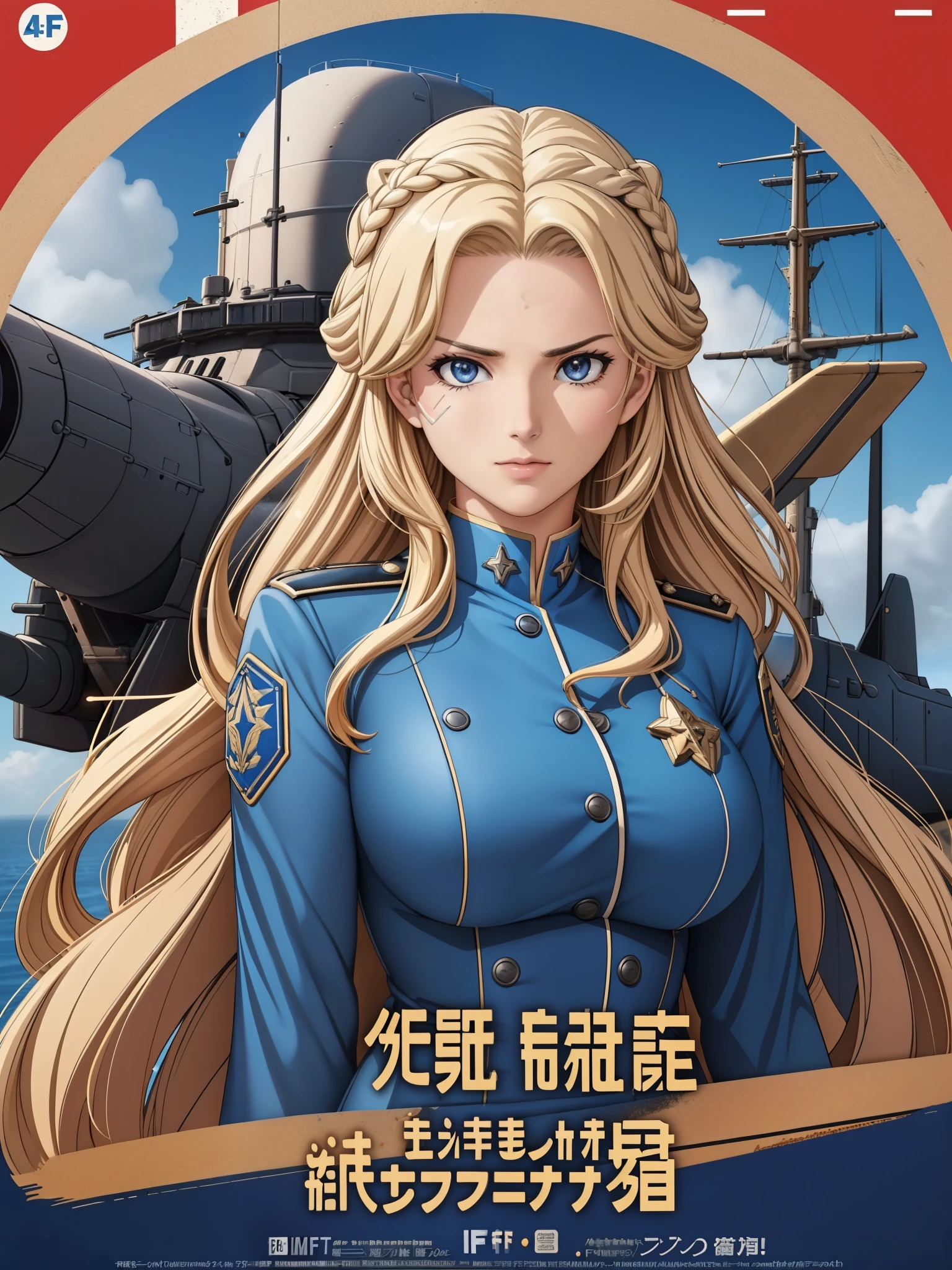 realistic,polite dress,(Fighter Action War Movie Poster),(Foundation Film Reference: 1.8),realistic,Air Force general uniform,(realistic face resolution),movie pose,adult,skinny,big,A long-haired dark blonde woman,serious face,SF,SF,Various support characters