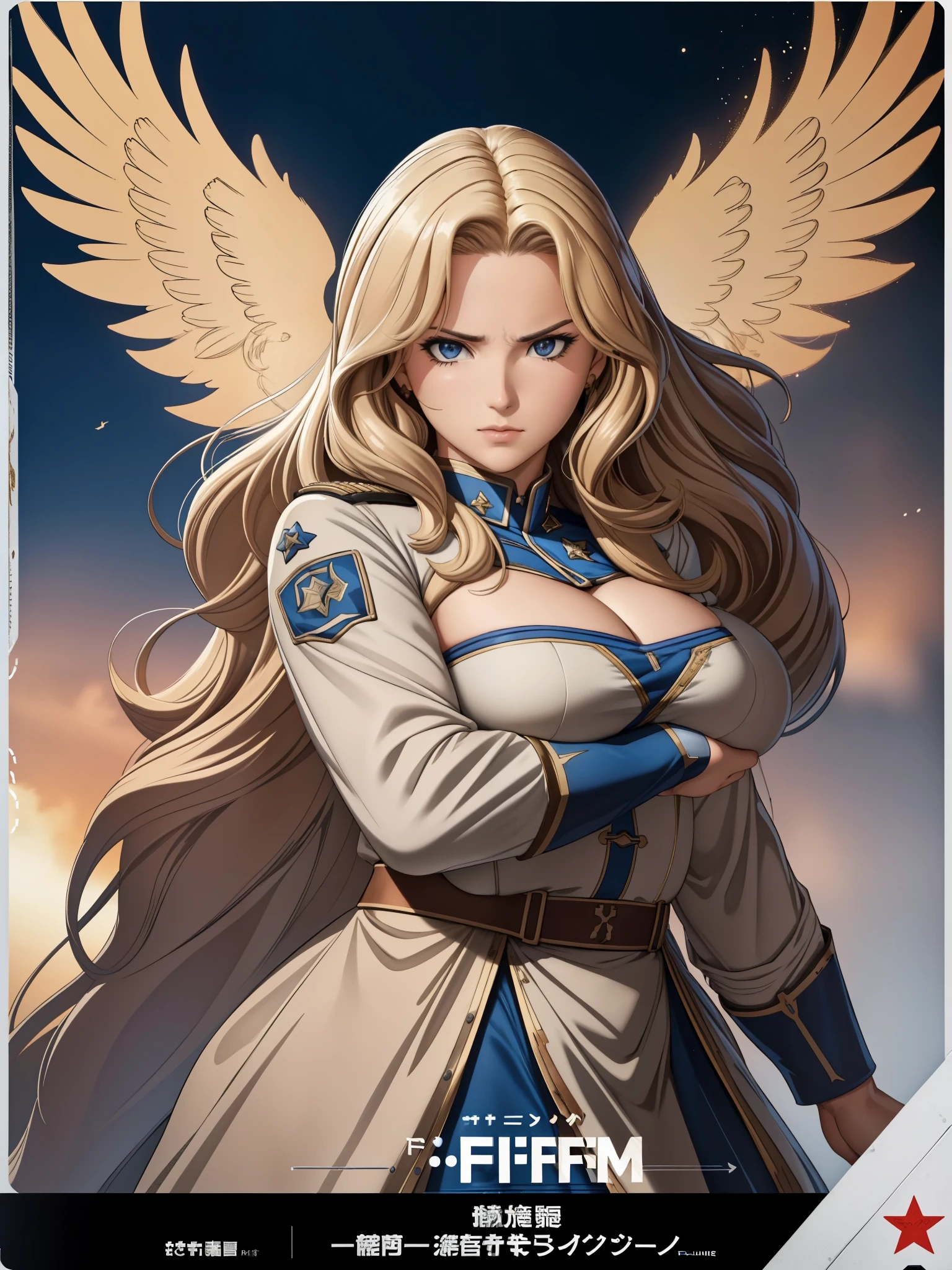 realistic,polite dress,(Fighter Action War Movie Poster),(Foundation Film Reference: 1.8),realistic,Air Force general uniform,(realistic face resolution),movie pose,adult,skinny,big,A long-haired dark blonde woman,serious face,SF,SF,Various support characters