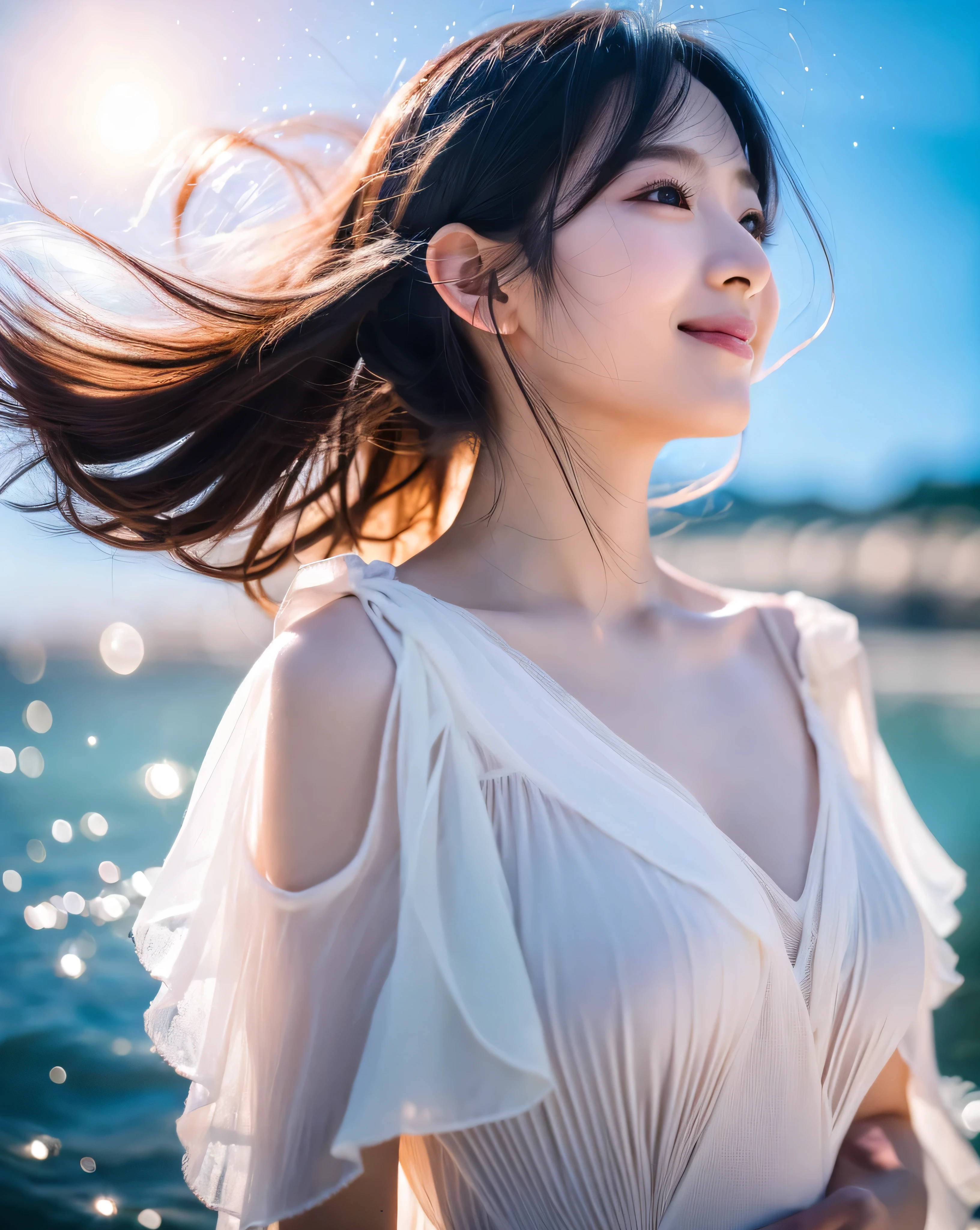 (highest quality, 32k, High resolution, masterpiece:1.5,), Haunting fantasy photography in abstract style, ((In a swirl of fantastic pastel colors and soft light)), Evoking a sense of soothing tranquility and elusive beauty, Award-winning masterpiece with amazing details, cute japanese woman, ((whole body)), perfect human anatomy, big magical eyes, Profile looking up at the sky, fleeting smile, ((Shiny, detailed black hair)), Ponytail messed up by the wind, Beautiful asymmetrical bangs, hair between eyes, smooth and soft skin, thin eyebrows, clear double eyelids, pale pink lips, ((transparent silk dress)), High resolution perfect clavicle, Beautiful chest in high resolution, High resolution of perfectly beautiful armpits, Slender body with plump breasts, ((Colorful sparkling light effects:1.3)), blue sea, Bright flowers blooming all over々:1.3, white sand beach, A beautiful rainbow in the sky, professional lighting, professional photographer, Professional models,mysterious