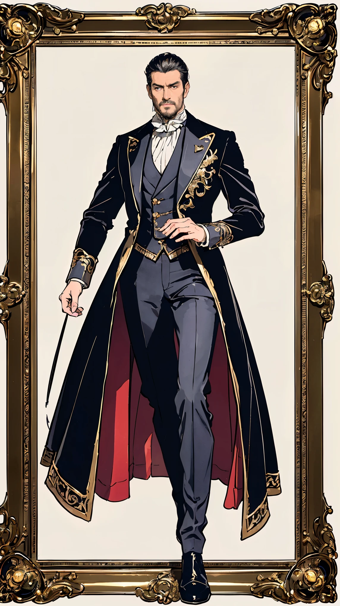 ((best quality,4k,highres,masterpiece:1.2)),((character concept art)), 1 male, 50-year-old French aristocrat, majestic and fearsome look, ((intricate detail)), super finely detailed hands, ultra finely detailed fingers(((ten fingers))), embodying an aura of power and elegance, tall, lean body, gray hair, wearing modern aristocratic attire - velvet doublet, ruffled collar shirt, hose, and riding boots. His gaze is commanding and intense, reflecting his high status and formidable character, (standing majestically), ((full body showcase)), ((show full body)), (no logos on background), (no logo), ((plain background)), ((plain background)), (((empty background))).