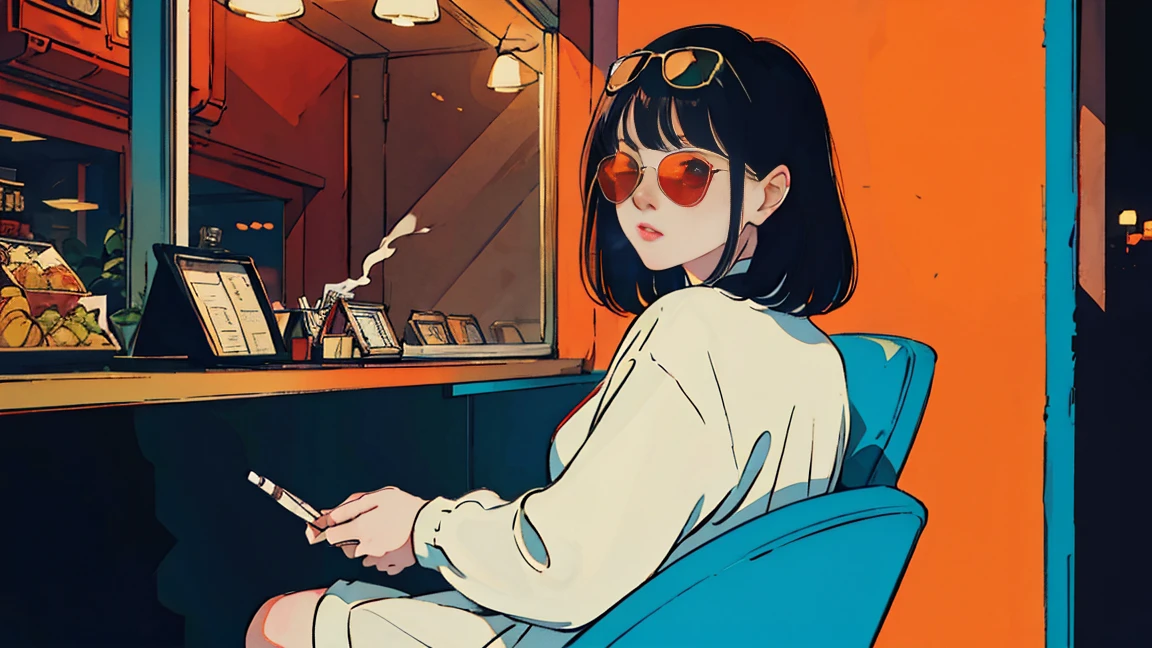 Beautiful redhead Asian girl sitting in a diner at night, visible from the window, perfect face, sunglasses, Smoking white Taylormade cigarettes, neon black, (with backlight: 1.1), hard shadow, masterpiece, highest quality, Complex, model shooting style, vintage, film grain, incomplete details