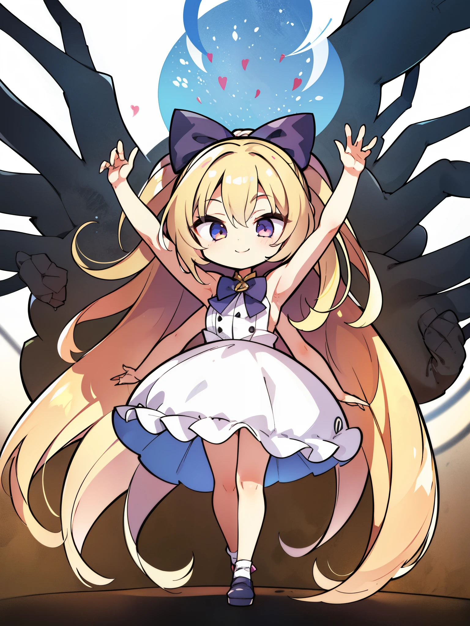 (1girl,8 ,small),blonde hair,long hair,white dress, sleeveless, bow tie, bare shoulders,smile,full body,extra arms,four arms,chibi,full body,(white background)