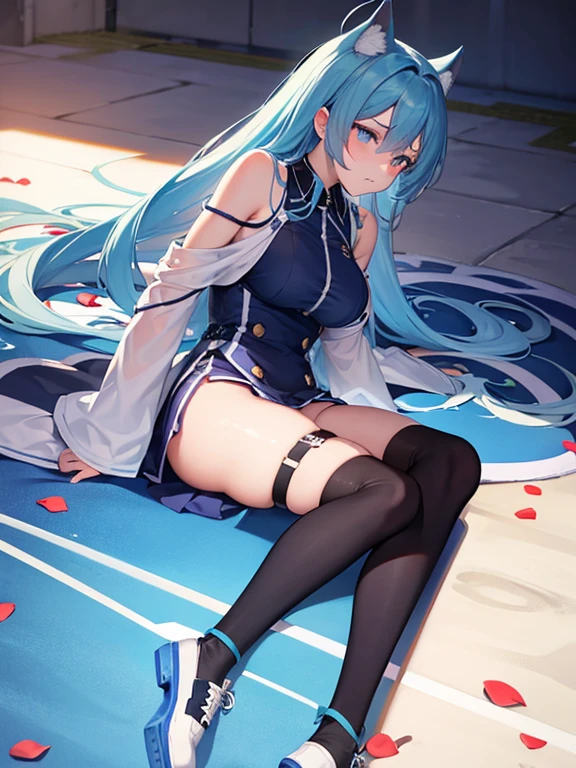 A beauty in stockings,a matural female,Blue translucent miniskirt,cabelos preto e longos,fearful expression,Tears in the eyes,very photoreal