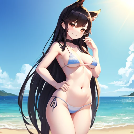 1girl, masterpiece, Atago from Azur Lane, beach, white skimpy micro bikini, full body shown, tall, extremely skinny no fat, devious smiling face, standing, hands on hips, black long hair, small breasts