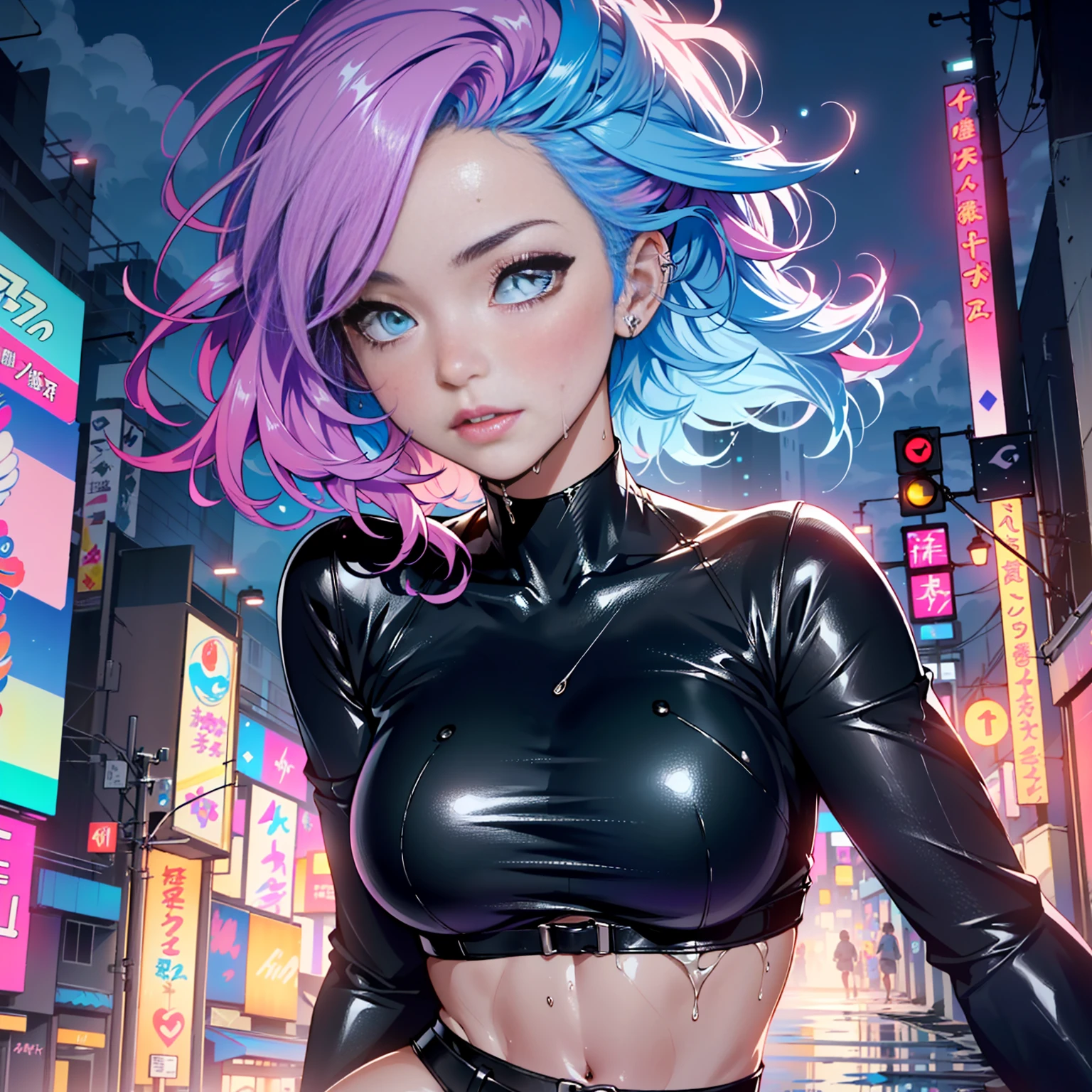 cute cartoon girl,(((1girl))),((extremely beautiful liquid paint hair haired anime girl)),
(large breasts:1.4),short hair,(((liquid paint hair:1.1,neon purple hair|neon pink hair|neon blue hair|neon aqua hair|purple hair|fuchsia hair|fluorescent blue hair|amethyst hair|neon hair|bright pink hair :1.5,bright hair: 1.3,hair made of paint and defies gravity,thick flowing,paint splatter:1.3,shiny hair: 1.3,vibrant colored hair))),((heterochromia:1.5,eye1 purple,eye2 pink,upturned eyes:1.3,perfect eyes,beautiful detailed eyes,finely detailed beautiful eyes:1,symmetrical eyes:1)),((fat)),(((lustrous skin:1.5,bright skin: 1.5,skin tanned,shiny skin,very shiny skin,shiny body,plastic glitter skin,exaggerated shiny skin,illuminated skin,wet legs))),(spider lower abdomen,narrow waist,wide hip,athletic body,inflated legs,delicate detailed fingers,detailed body,human hands,(detailed face)),
cute,slutty,seductive,erotic
(((liquid paint clothes,clothes made of liquid paint))),underboob,with liquid paint micro clothes,body paint,dripping paint,liquid pain tiny thong,bare legs,((wet clothes,detailed outfit,detailed clothes)), (oil painting)
(dynamic pose:1.0),solo focus,embarrassed,(centered,scale to fit dimensions,Rule of thirds),
cyberpunk city by the ocean at night, with bright neon signs and dark stormy clouds and puddles,
High resolution, sharp focus, (ultra detailed, extremely detailed), (photorealistic artwork:1.37), 8k wallpaper,((synthwave background theme)),((vibrant colors)),(intricate),masterpiece,(best quality),