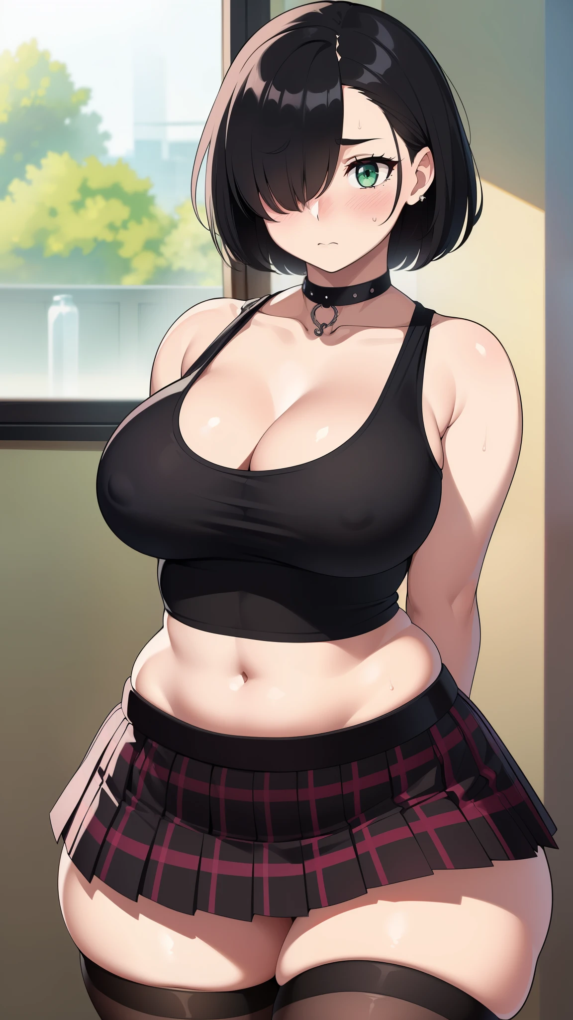 ((Masterpiece)), perfect anatomy, perfect shading, field of depth, (best quality), extremely delicate and beautiful, perfect lighting, detailed face, ultra cute face, cute, (cowboy shot 1.2), (((1girl))), ((solo)), looking at viewer,

short hair, messy hair, black hair, (hair over eye), green eyes, black, goth girl, pale skin, ((blush)), shy, nervous, (tank top 1.5), (plaid pleated skirt 1.2), thigh highs, chocker,  extremely tight clothes, cleavage, large breasts, (wide hips), (thick thighs), 

empty classroom, intricate background, detailed background, arms behind back, 