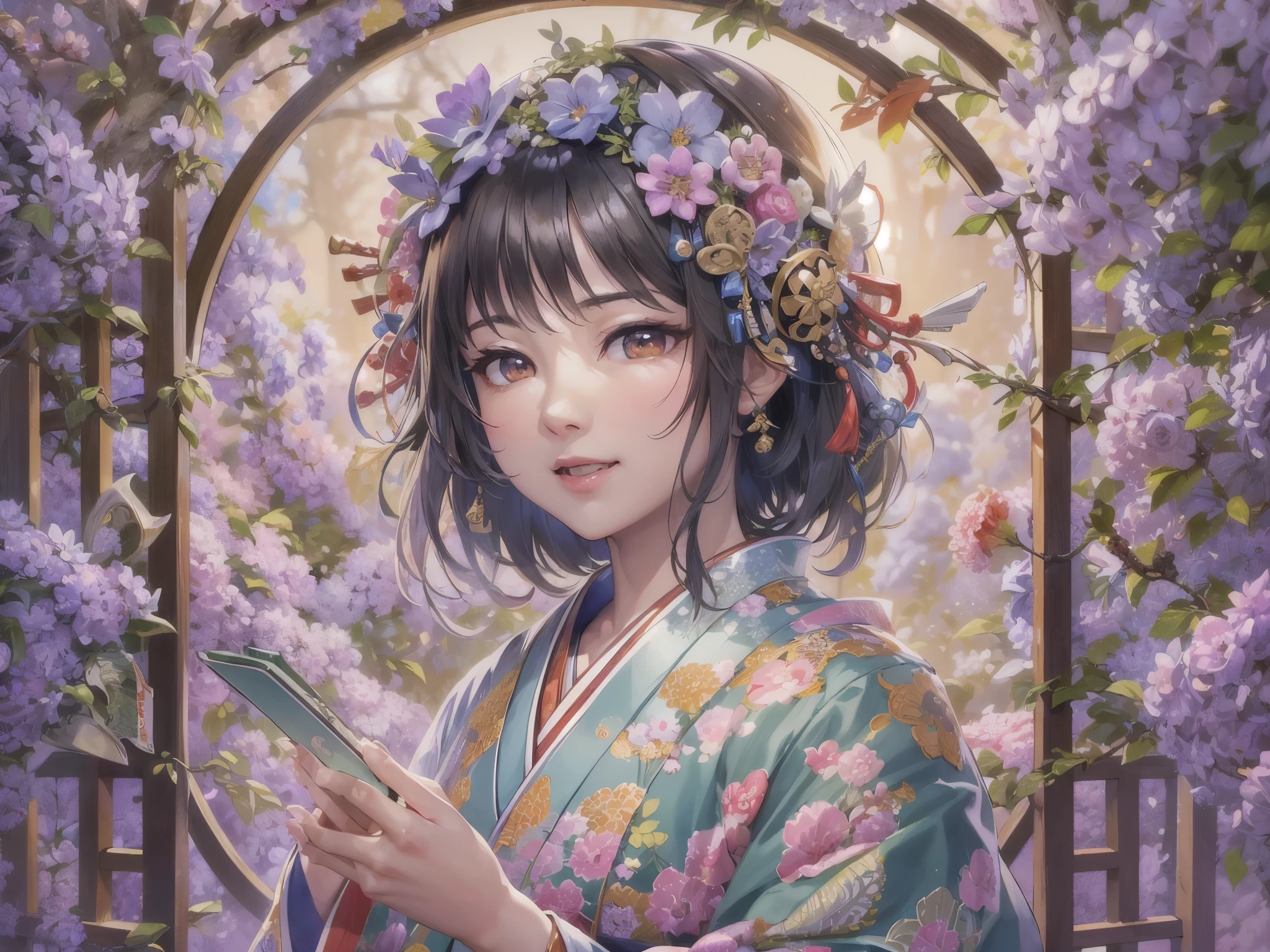 ((highest quality)),(ultra high resolution),(Super detailed),(detailed description),((best CG)),(best work of art),super precision art,amazing drawing art,(Japanese-inspired fantasy art with intricate detail:1.5), Quietly standing amongst the vast wisteria trellis、A woman wearing a flower-inspired kimono smiles gently at you。