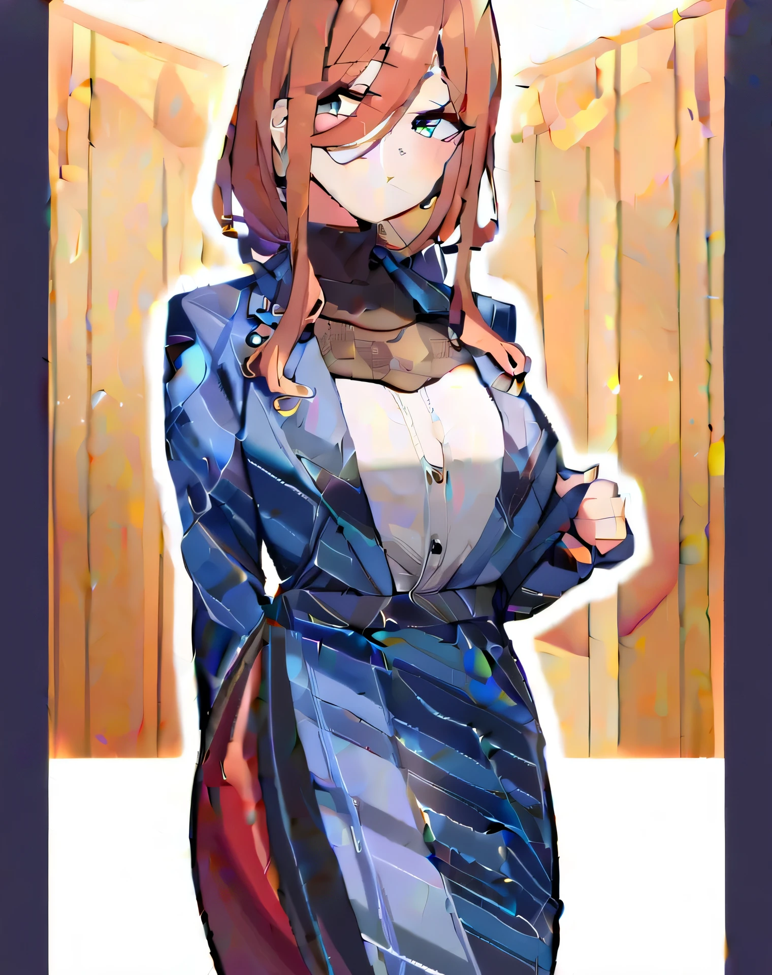 obra maestra, best quality, ,1girl, nakano miku, solo, doble bien, vestido chino, buena portada, parte superior del cuerpo, rubor, estampado floral, boca cerrada, mangas cortas, mirando al espectador, traje alternativo, vestido azul, cinta azul, una teta fuera de su traje