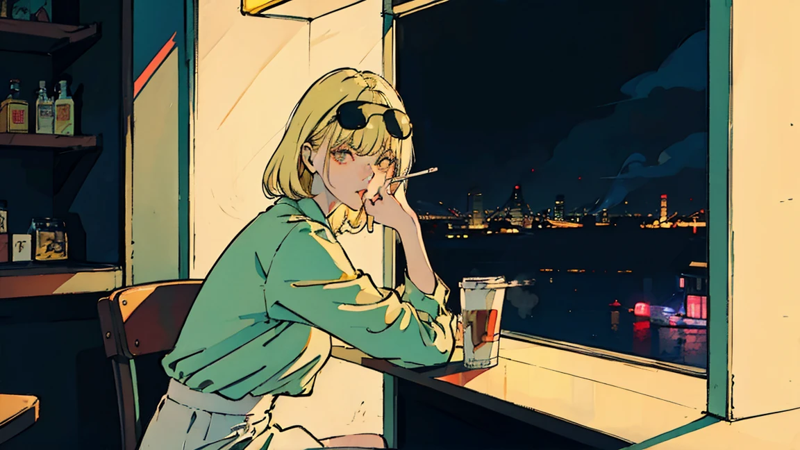 Beautiful blonde Asian girl sitting in a diner at night, visible from the window, perfect face, sunglasses, Smoking white Taylormade cigarettes, neon black, (with backlight: 1.1), hard shadow, masterpiece, highest quality, Complex, model shooting style, vintage, film grain, incomplete details