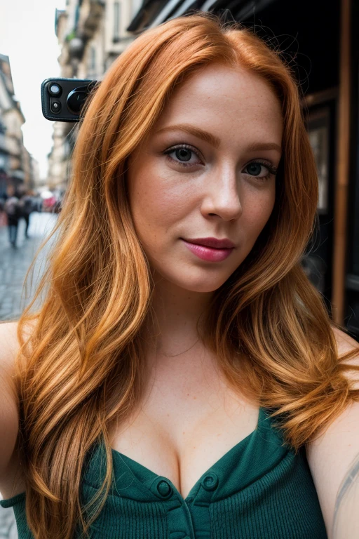 (selfie, plan: 1.4) Photo brute, portrait photo, A close-up portrait of a stunning ginger woman on a street, yeux verts, joli, Facing the camera, 8k euh, DSLR, soft lighting, high quality, grain de film, Fujifilm XT3