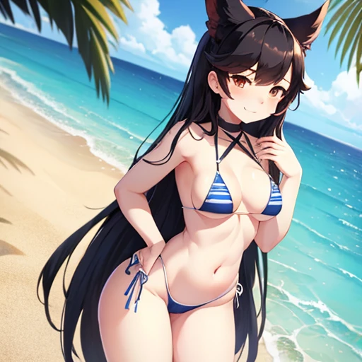 1girl, masterpiece, Atago from Azur Lane, beach, white skimpy micro bikini, full body shown, tall, extremely skinny no fat, devious smiling face, sexy standing pose, black long hair, small breasts