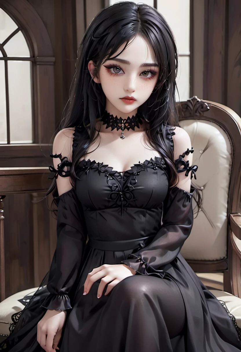 un primer plano de una mujer sentada en una silla con un vestido negro, 1 7 old gothic girl, pale gothic beauty, muy hermosa top model gotica, 1 7 yearme gothic girl, chica anime con un vestido negro, chica anime seductora, hermosa y seductora mujer anime, an elegant gothic princess, gothic girl dressed in black