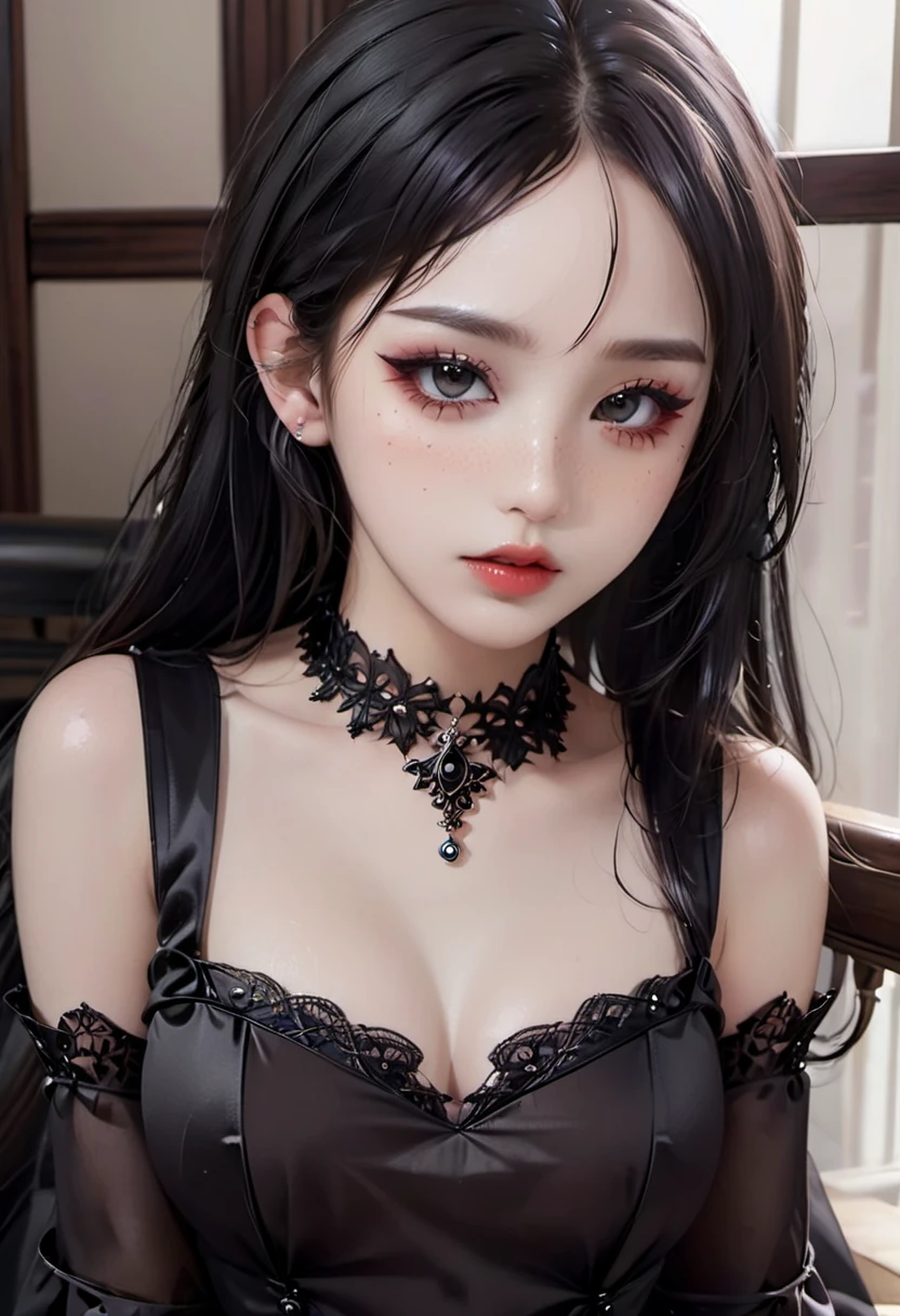 un primer plano de una mujer sentada en una silla con un vestido negro, 1 7 year old gothic girl, pale gothic beauty, muy hermosa top model gotica, 1 7 year old anime gothic girl, chica anime con un vestido negro, chica anime seductora, hermosa y seductora mujer anime, an elegant gothic princess, gothic girl dressed in black