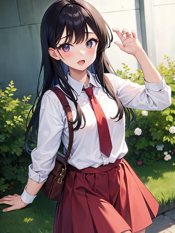 1girl, straight-on, upper body, solo, open mouth, white shirt, tight shirt, red skirt, red necktie, holding backpack, red cheeks, school, 7  girl, (iwanagadress:1.2), (iwanagakotoko:0.9), lineart,  outdoor, long hair