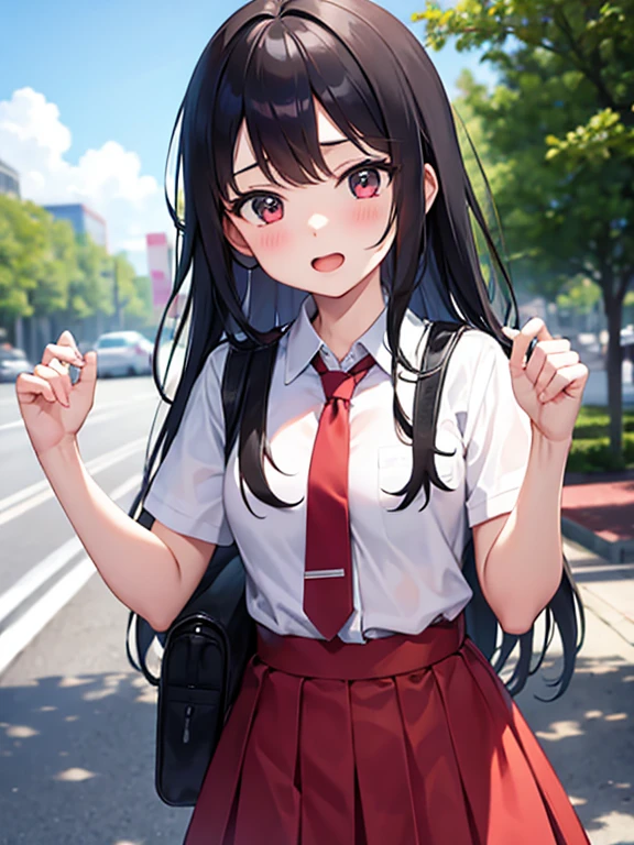 1girl, straight-on, upper body, solo, open mouth, white shirt, tight shirt, red skirt, red necktie, holding backpack, red cheeks, school, 7 girl, (iwanagadress:1.2), (iwanagakotoko:0.9), lineart, outdoor, long hair