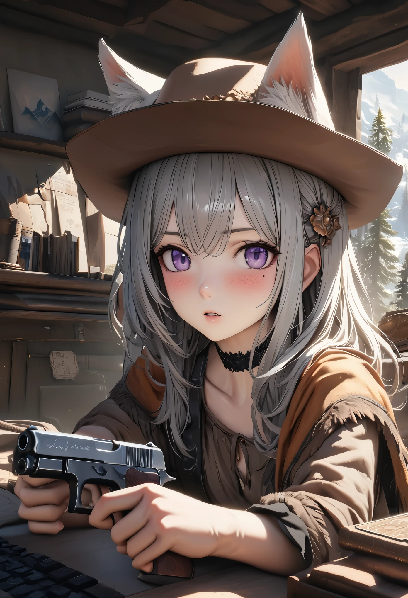 masterpiece,highest quality, Super detailed, High resolution, expensive resolution, HDR, 4k, 8K, unity 8k wallpaper, Super detailed CG, masterpiece, realistic, 2D, 3D, beautiful details, depth, fine texture , super fine: 1.3, Fully focused, Crispy.skin, .he,
Very cute anime girl 、Desolate wilderness、cowboy styleの衣装、cowboy hat、cowboy boots、hand gun、mexican wilderness、duel、hand gunを持って立っている、long silver hair wearing expensive , one girl、alone, long silver hair, animal ears, Cat ear, cowboy style、cowboy hat、hand gun、duel、cowboy boots、computer、disk、mole under the eye, looking at the viewer , expensive , blush, mole, Cat ear, parted lips, hair ornaments, heart, purple eyes, choker