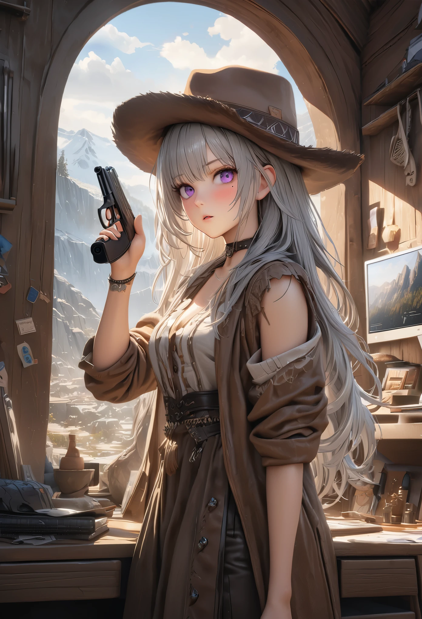 masterpiece,highest quality, Super detailed, High resolution, expensive resolution, HDR, 4k, 8K, unity 8k wallpaper, Super detailed CG, masterpiece, realistic, 2D, 3D, beautiful details, depth, fine texture , super fine: 1.3, Fully focused, Crispy.skin, .he,
Very cute anime girl 、Desolate wilderness、cowboy styleの衣装、cowboy hat、cowboy boots、hand gun、mexican wilderness、duel、hand gunを持って立っている、long silver hair wearing expensive , one girl、alone, long silver hair, animal ears, Cat ear, cowboy style、cowboy hat、hand gun、duel、cowboy boots、computer、disk、mole under the eye, looking at the viewer , expensive , blush, mole, Cat ear, parted lips, hair ornaments, heart, purple eyes, choker