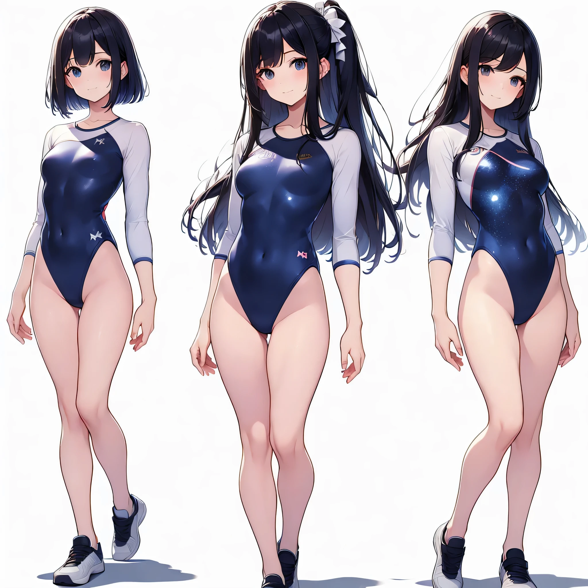 ((full body)),(masterpiece, best quality), (2 girls1.5) ,((Contrapposto:1.5)), looking at viewer, walking,((v_arms:1.2)), (wearing gymnastics_longsleeves_leotard_outfit leotard:1.3),(blue leotard) ,(galaxy print leotard:1.3),{{wearing gym suit:1.3 }}, BREAK masterpiece black hair, ((long hair:1.2)), ((parted bangs:1.3)), black eyes, good hand, ((small breasts)), (over 20 years old, under 25 years old:1.2), , spotlight, happy, smile, BREAK in the class room