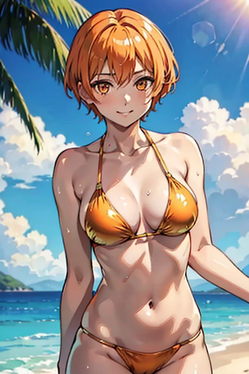 leonie_wearing_a_shiny_golden_bikini, shiny_wet_skin, short_hair, skinny, beautiful, short_orange_hair, confident_pose, orange_eyes, confident_smile, gentle_expression, high resolution, 8k