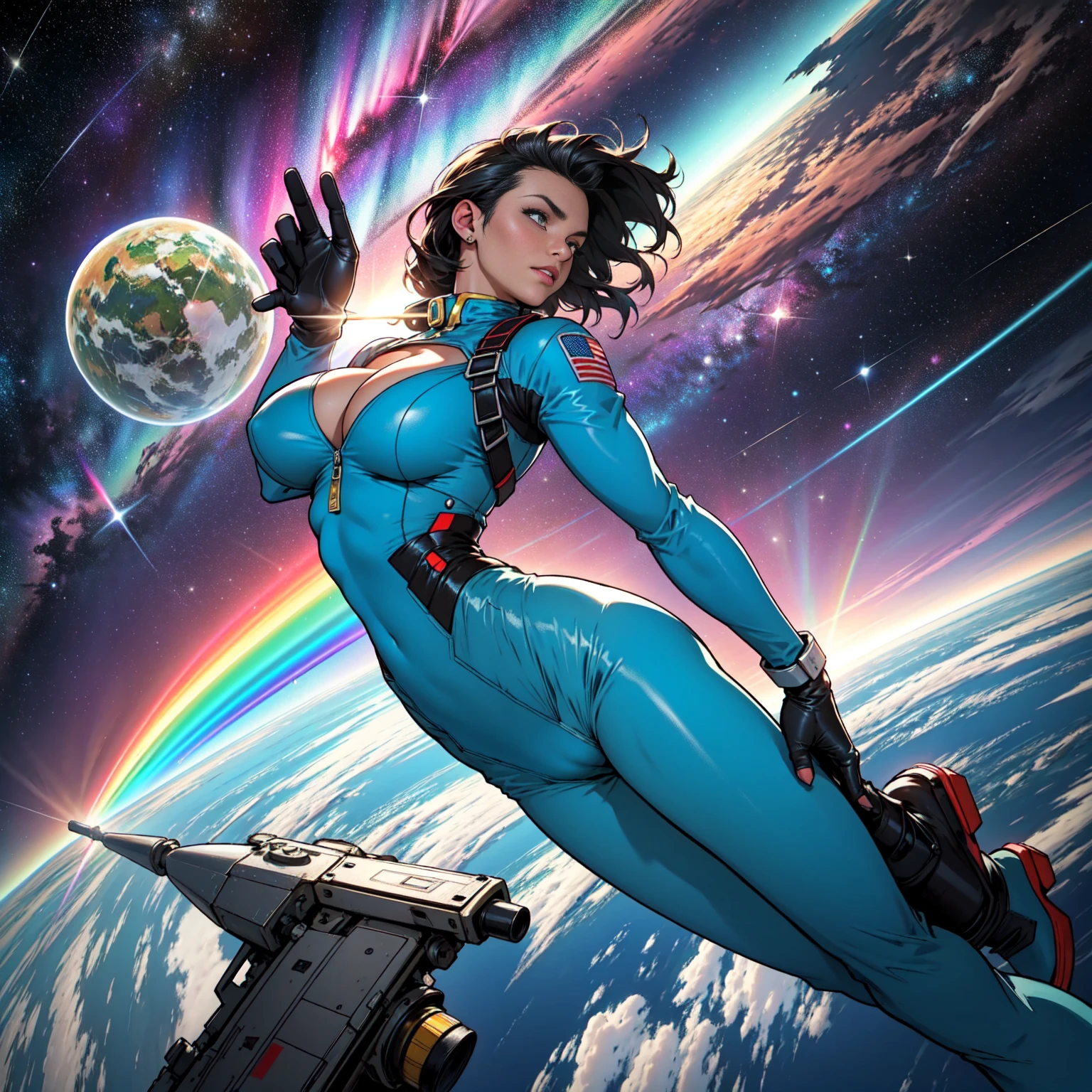 (((32k))),(((Highest quality))),(Perfect One Woman),60's,70's,80's,old movie posters,retro,vintage,bauhaus,abstract,Space Thriller Movie Poster,Futuristic,shape,OK,cosmos,galaxy,satellite,mechanical,Geometric pattern,meteor,meteorite,planet,very delicate,Space flyer OK,Milky Way,(()),(cleavage),rassive stream of light,flare,overlay,aurora,Starry sky,infinite possibilities,strongest,Highest,(perfect fingers),perfect gorgeous physical, beauty perfect limbs, very tight clothes detailing all body breasts and shaved cameltoe.