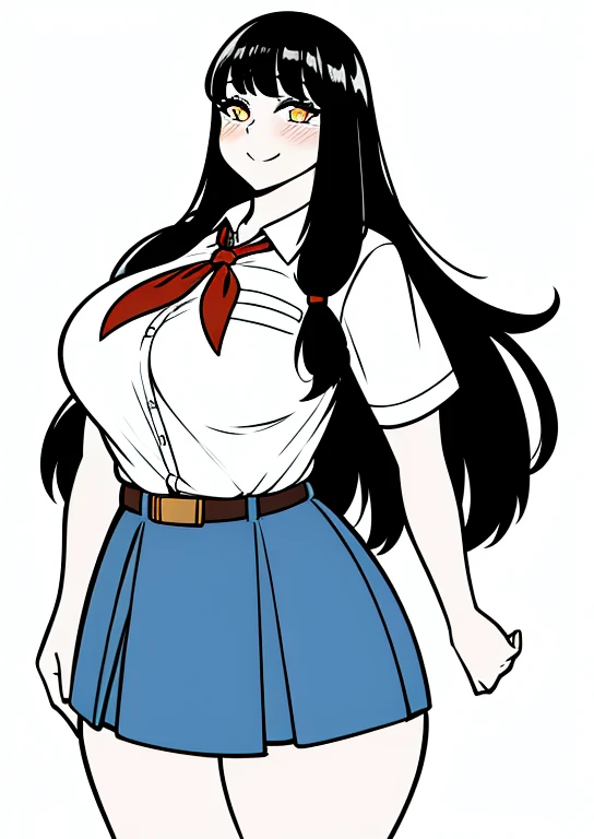 Gigantic breasts, huge breasts, large breasts, wide hips, thick thighs, fat thighs, 1girl, solo, long hair, black hair, straight hair, orange eyes, sweet smile, affectionate, (blush), cute, happy, looking at viewer, pioneer neckerchief, pioneer movement soviet pioneer, skirt, blue skirt, short skirt, bangs, shirt, , collarbone, white shirt, short sleeves, collared shirt, belt, neckerchief, eyelashes, red neckerchief, pocket, breast pocket