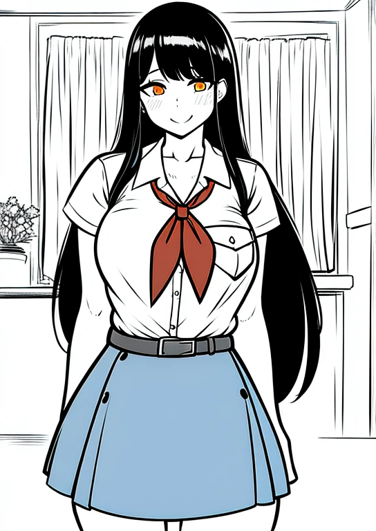 Gigantic breasts, huge breasts, large breasts, wide hips, thick thighs, fat thighs, 1girl, solo, long hair, black hair, straight hair, orange eyes, sweet smile, affectionate, (blush), cute, happy, looking at viewer, pioneer neckerchief, pioneer movement soviet pioneer, skirt, blue skirt, short skirt, bangs, shirt, , collarbone, white shirt, short sleeves, collared shirt, belt, neckerchief, eyelashes, red neckerchief, pocket, breast pocket