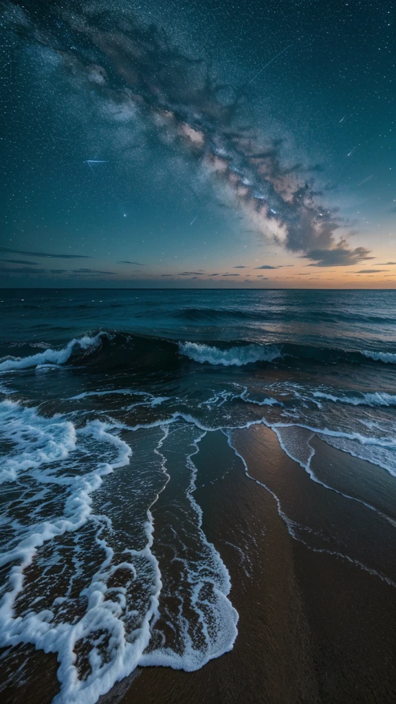 (Melhor qualidade 8k) Paisagem de uma praia extremamente linda, The starry sky, and the shining sea reflecting the sky