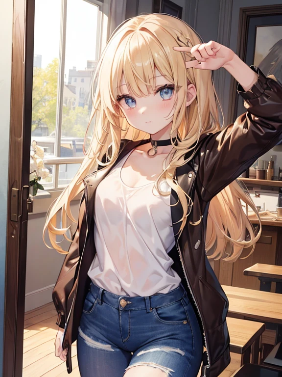 masterpiece, Highest quality, beautiful, high resolution, perfect anatomy, Beautiful bright flaxen hair、Beautiful eyes、Longhaire、Tank tops、denim shortpants、a choker、 black pantyhose, brown jacket, selfie style、selfee、piece、piece sign、 8K、a beauty girl、 Nice、 Beautiful hair、 Beautiful eyes、 Beautiful skin、Beautiful legs、Beautiful arms、Perfect fingers、 Very cute、 Very kawaii