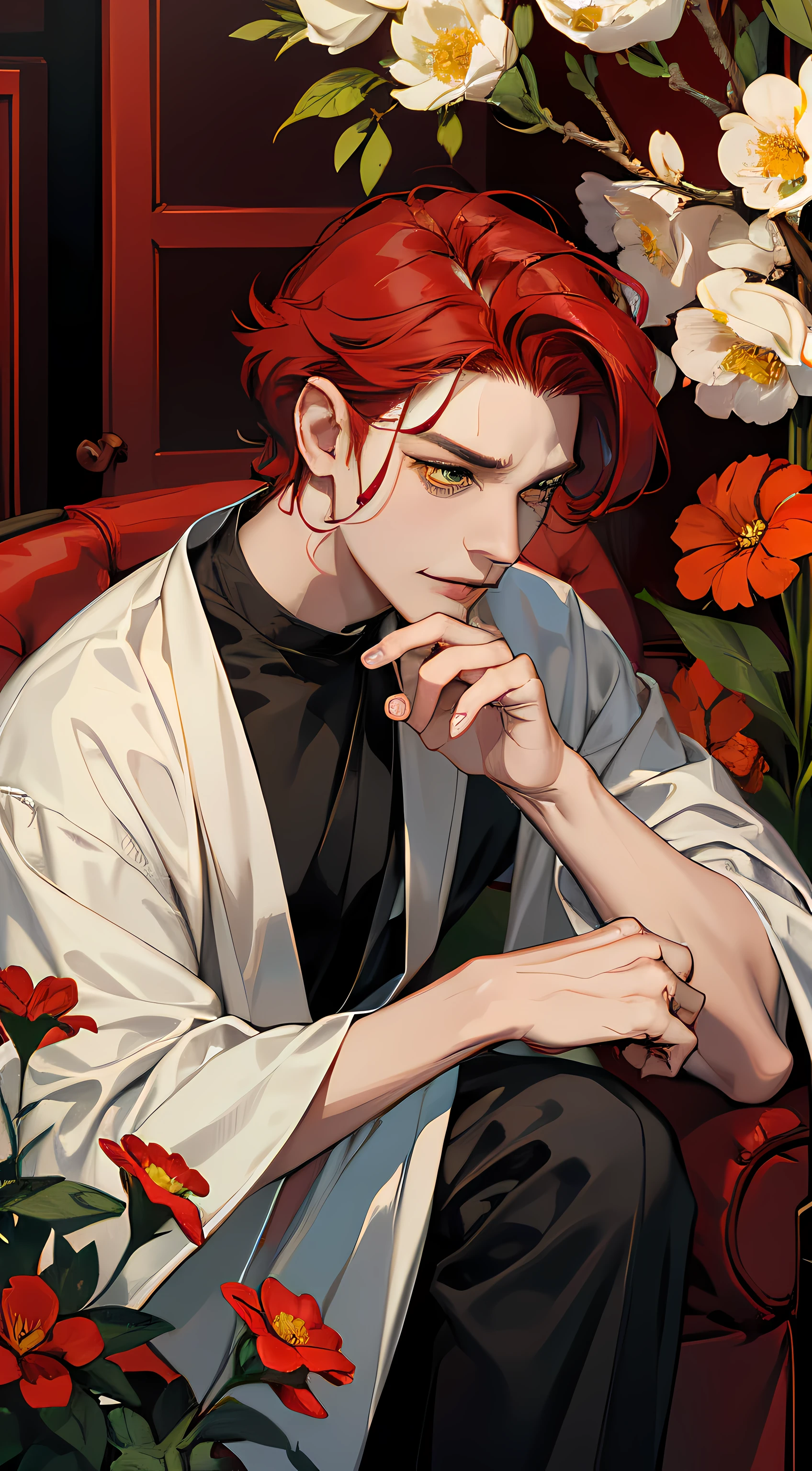 A 38-year-old man with scarlet hair., gathered in a small bundle, Yellow eyes, white coat, biologist, Medicine from plants, Flowers, maniacal gaze, Finger ring with malachite, rabies, laughter, black pants