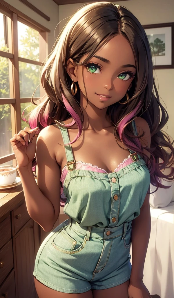 Highest quality, masterpiece, beautifully detailed green eyes, (dark skin), brown wavy hair, gradient hair, pink highlights in hair, small , standing, makeup, glossy lips, full lips, (natural lighting), in room, night, cute denim short skirt jumpsuit, shy grin, collarbone, in love, cute gesture, pin-up style, waifu