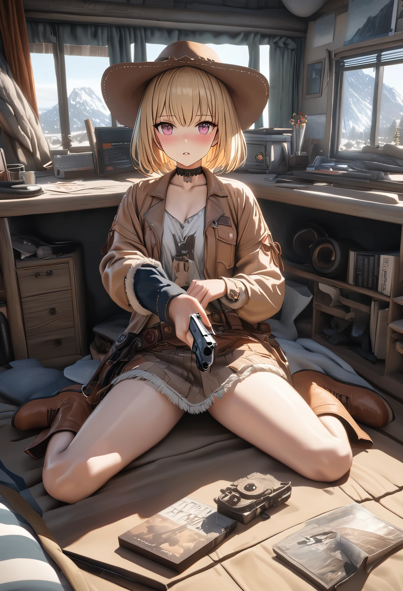 masterpiece,highest quality, Super detailed, High resolution, expensive resolution, HDR, 4k, 8K, unity 8k wallpaper, Super detailed CG, masterpiece, photo-realistic, 2D, 3D, beautiful details, depth, fine texture , super fine: 1.3, Fully focused, Crispy.skin, .he,
Very cute anime girl with 、Desolate wilderness、cowboy styleの衣装、cowboy hat、cowboy boots、handgun、Mexican Wilderness、duel、handgunを持って立っている、blonde short hair wearing expensive , one girl、alone, blonde short hair, animal ears, bear ears, cowboy style、cowboy hat、handgun、duel、cowboy boots、computer、disk、mole under the eye, looking at the viewer , expensive , blush, mole, bear ears, parted lips, hair ornaments, heart, pink eyes, choker