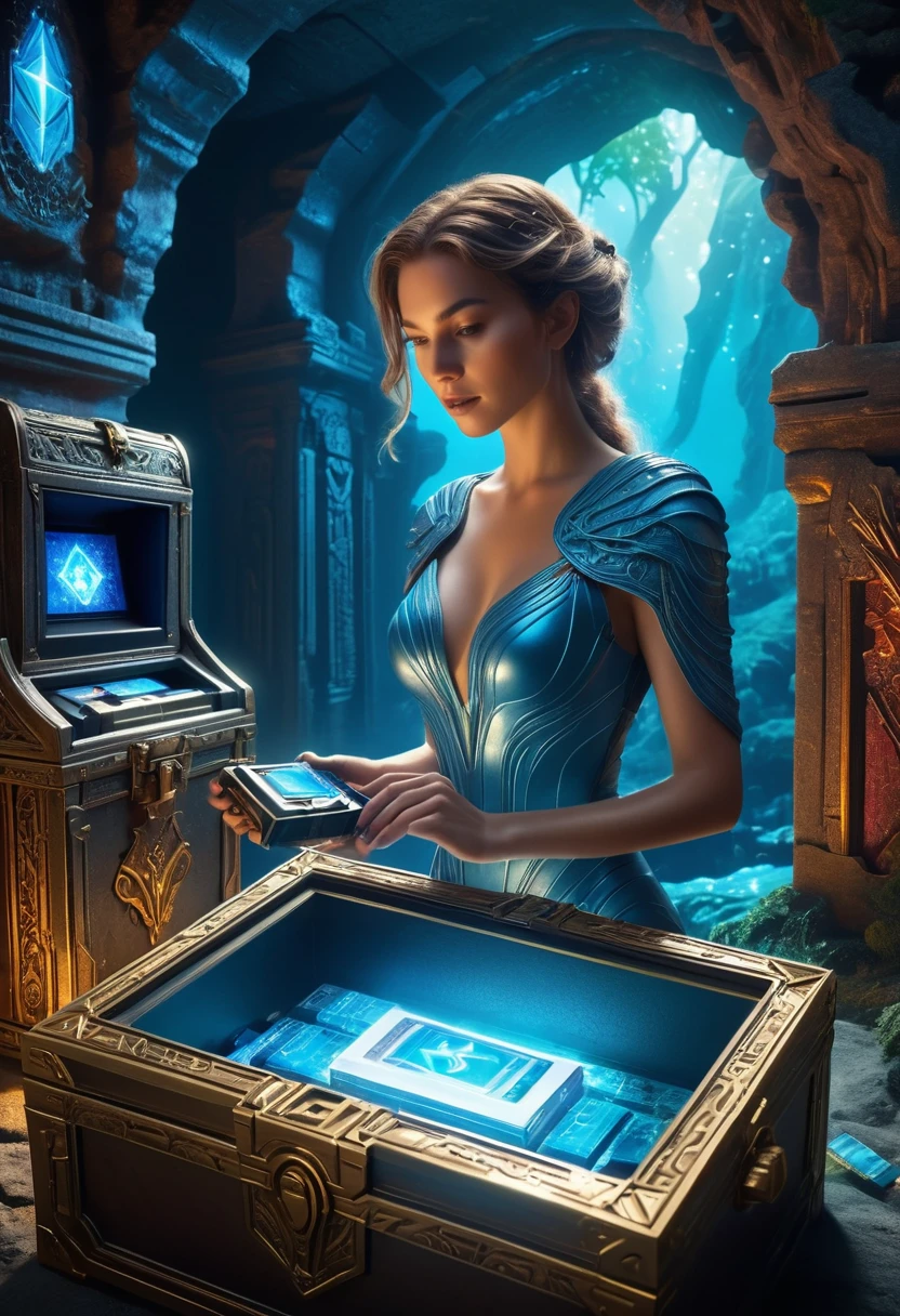 (best quality,4k,8k,highres,masterpiece:1.37), ultra-detailed, (realistic,photorealistic,photo-realistic:1.37), (aerial view), (top down perspective), 1woman, (the focal point is a woman pulling a video game cartridge out of a futuristic artifact chest full of retro video game cartridges:1.6), (the woman is looking at the box:1.4), (Futuristic artifact box), (the artifact box is open), (The scene unfolds inside a mystical cavern:1.4), cyborg, (The woman is wearing an organic exoskeleton, covering her entire body, made with glass details:1.5), (dynamic angle:1.37), science fiction, (The woman's hair is made of fractal technologic components:1.5), (fantasy and sci-fi mixed:1.5), holographic glitch effects floats around the woman, vibrant colors, (A blue glow emanates from inside the treasure chest), glowing lights, (abandoned machinery), (there are old video game cartridges and consoles on the background), mystical creatures, pixelated details, (there are crystal formations spreading on the background), (futuristic technology), (ancient artifacts), mystical energy, vibrant retro aesthetic, atmospheric lighting, ancient ruins, mysterious symbols, shimmering water, lush vegetation, interdimensional portals, nostalgic atmosphere, immersive storytelling, epic adventure, delightful surprises