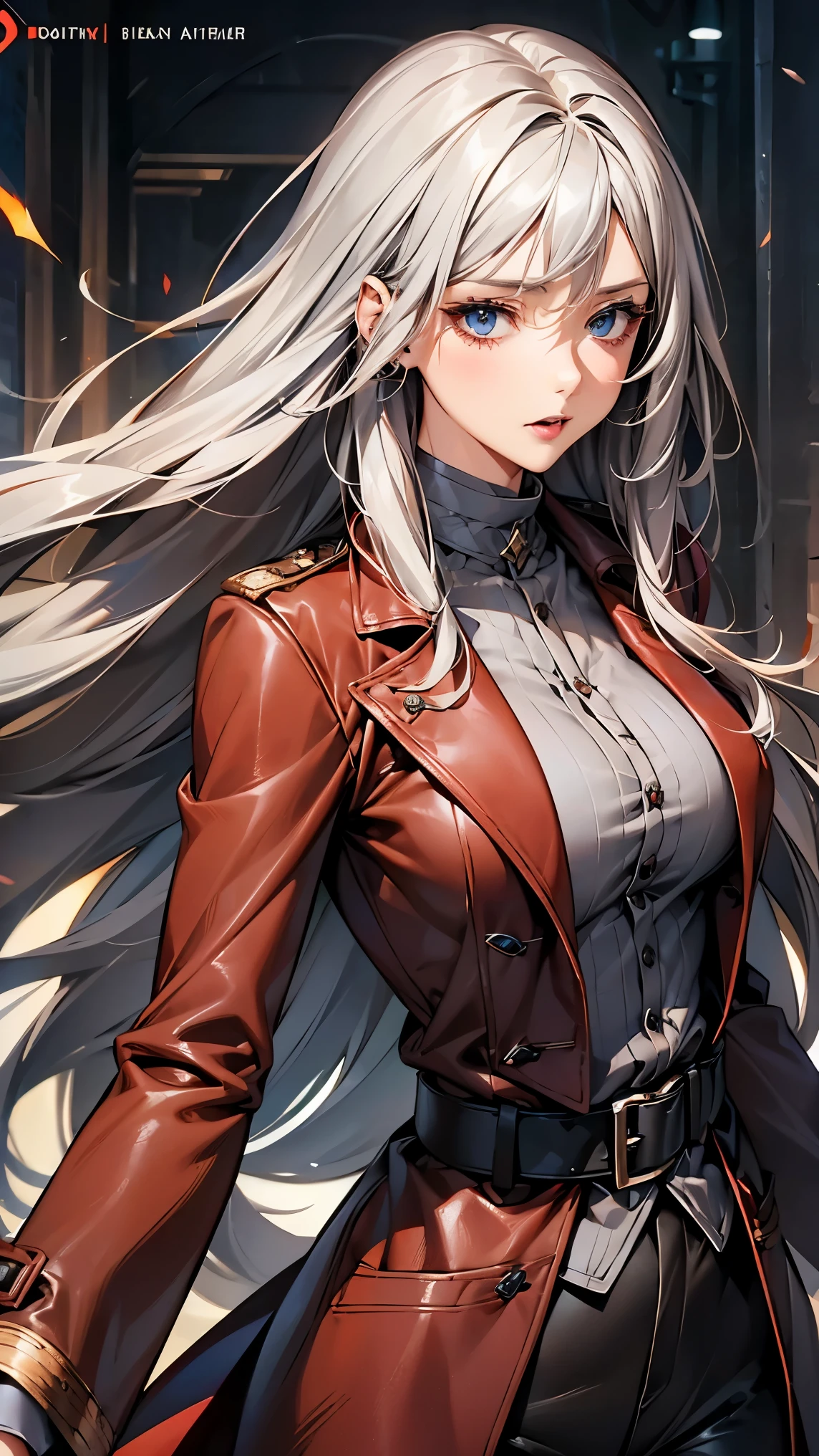 (mature woman１name), (gray hair, long hair:1.3), blue colored eyes, (medium breasts), (red leather long coat), belt, pants, office, masterpiece, high quality, 