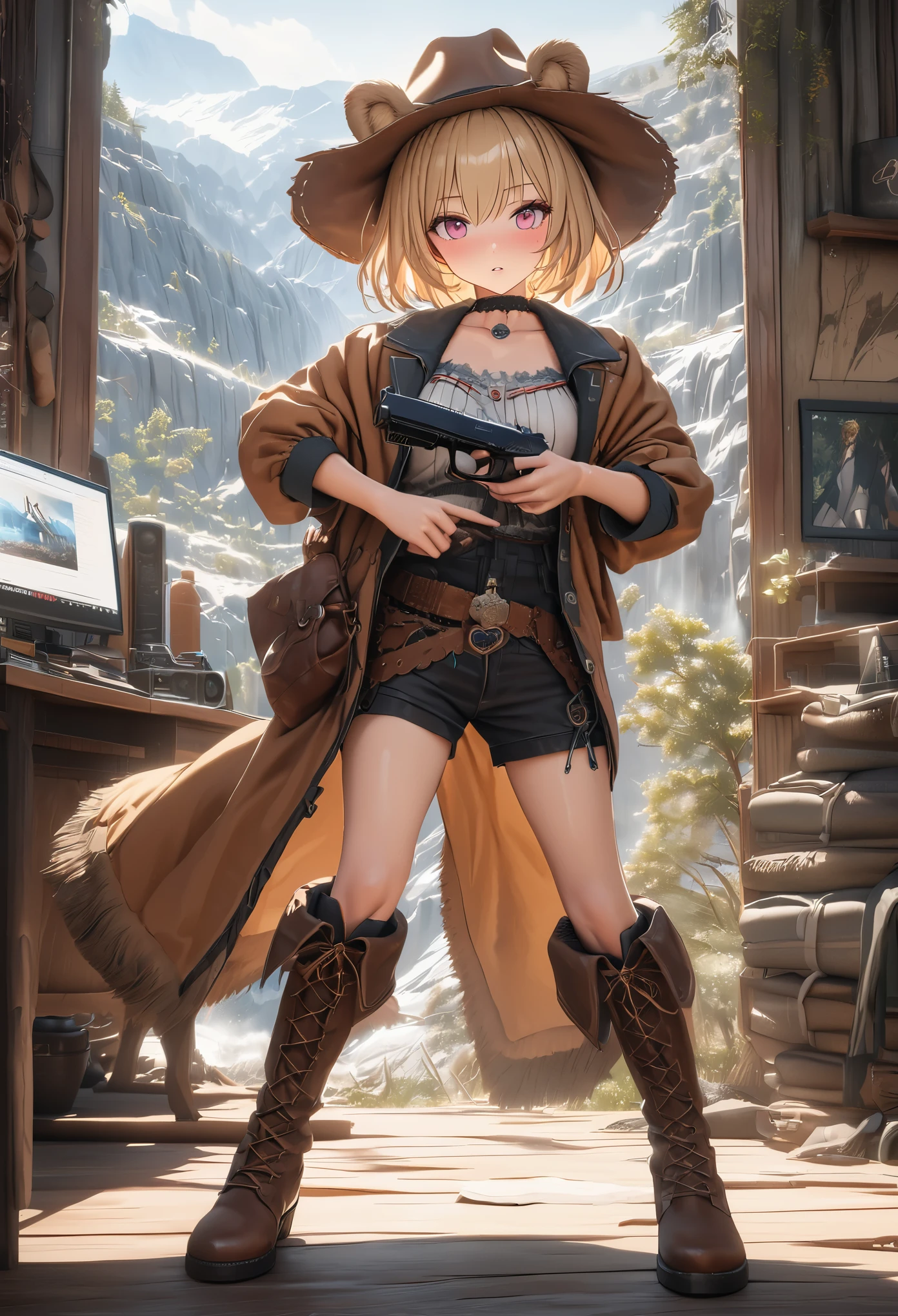 masterpiece,highest quality, Super detailed, High resolution, expensive resolution, HDR, 4k, 8K, unity 8k wallpaper, Super detailed CG, masterpiece, photo-realistic, 2D, 3D, beautiful details, depth, fine texture , super fine: 1.3, Fully focused, Crispy.skin, .he,
Very cute anime girl with 、Desolate wilderness、cowboy styleの衣装、cowboy hat、cowboy boots、handgun、Mexican Wilderness、duel、handgunを持って立っている、blonde short hair wearing expensive , one girl、alone, blonde short hair, animal ears, bear ears, cowboy style、cowboy hat、handgun、duel、cowboy boots、computer、disk、mole under the eye, looking at the viewer , expensive , blush, mole, bear ears, parted lips, hair ornaments, heart, pink eyes, choker