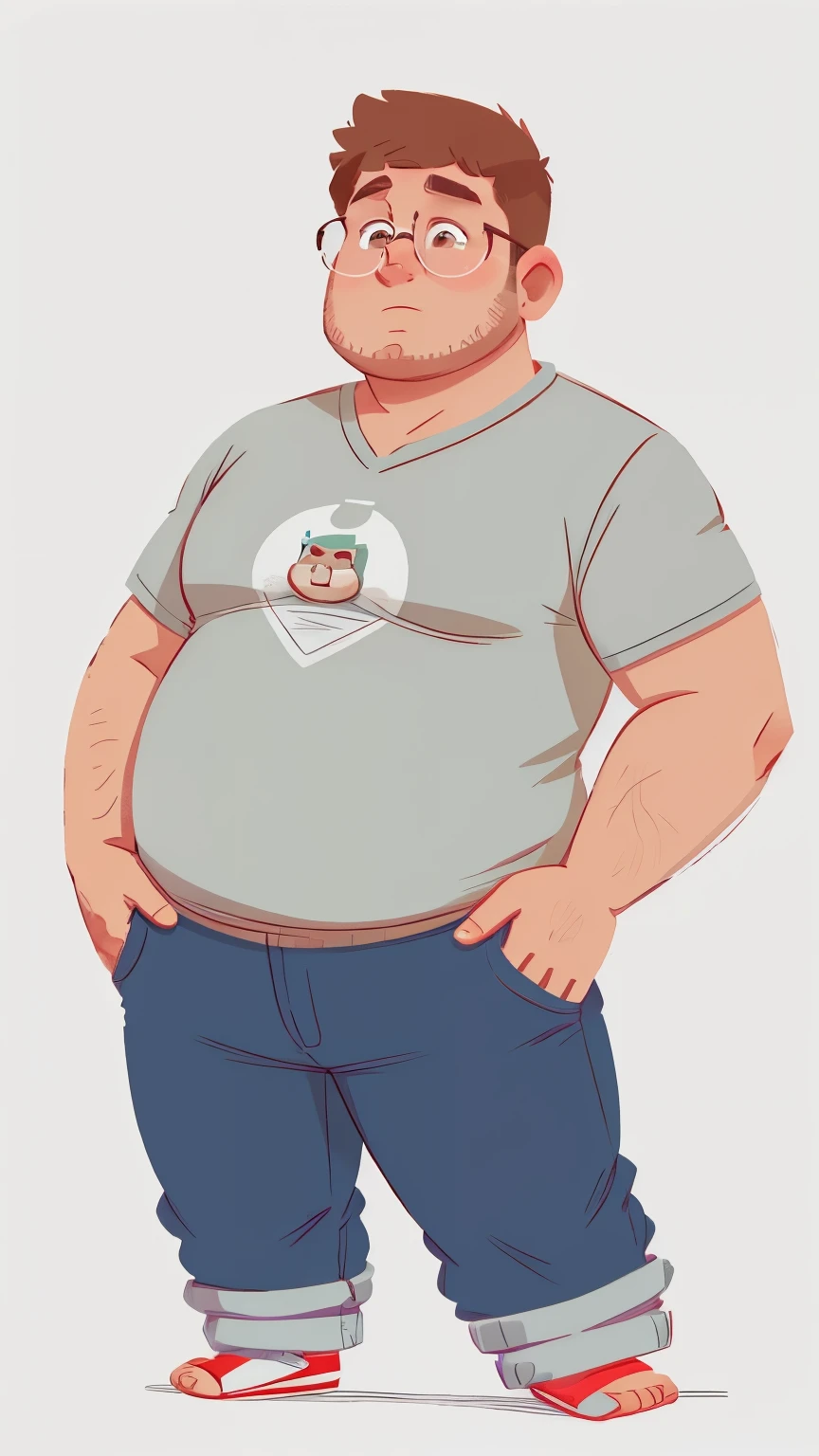 Fundo Branco, 1 Jovem gordo, estatura baixa, Serious emotion, destemido ( detailed enhanced animation), glasses, casual. Gray pants, Camisa Preta