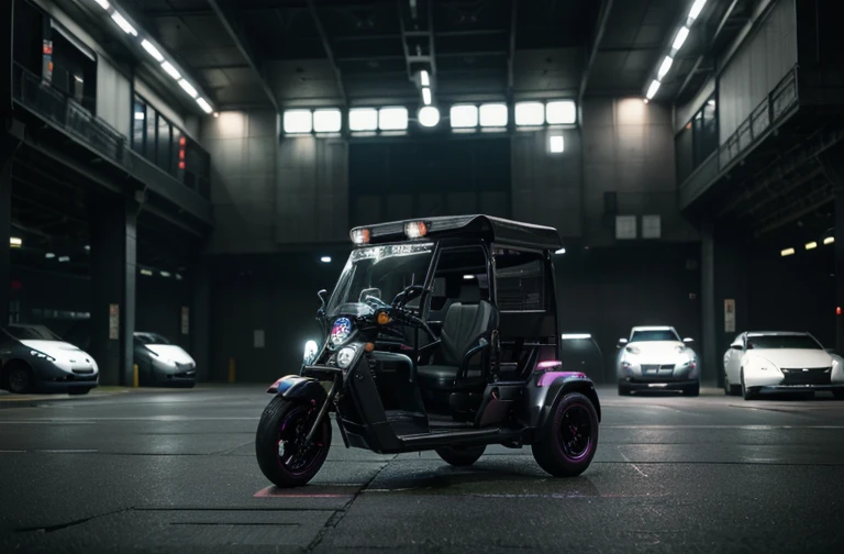 (late at night:1.3), , (Beautiful, detailed skin texture, detailedな美しい顔, 超detailedな clothing textures), , (cyber punk:1.4), , (an 超detailedなfour-wheeled and long bonnet tuk-tuk with load on roof carrier and eear loading platform with luggage on it and letter-tyres), , (3/4 正面figure, The car is in the center of the frame), , (in the parking lot, at 超detailedな Night City of cyber punk), (すべての車はcyber punk風にカスタマイズされたクラシックカーです), , (soft writing), , (masterpiece, highest quality:1.4, 8K, 超detailedな, figure, clear_image, Complex_detailed, delicate figure), (realistic:0.15),Black Paint、