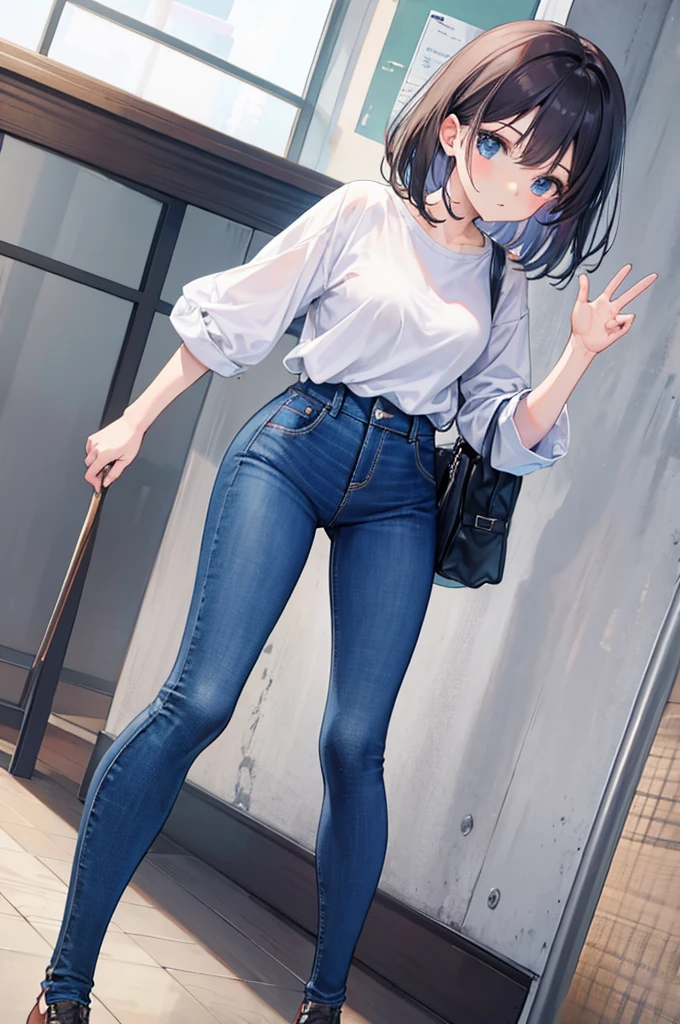 woman、shirt、skinny jeans