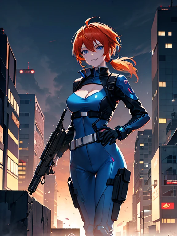 half body portrait, generic 32 year old Cyberpunk Agent, pretty and brave, medium breasts, pale skin, thin and athletic, (Wearing a blue futuristic jumpsuit, utility belt and gun holsters), doing a heroic pose with hands on hips, grin with teeth, cleavage exposed, perfect eyes, perfect irises, standing on a rooftop with a night sky, The skyline of a cyberpunk city is seen in the background, (1girl with short orange hair, pony tail style and bright blue irises), 4k textures, raw photo, epic artistic, photoreal art, sharp focus, even lighting, insane details, intricate details, hyperdetailed, rich colors, staring at viewer, looking into camera, windswept hair blowing in the wind