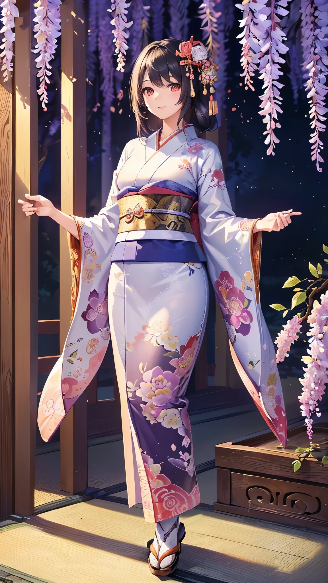 ((highest quality)),(ultra high resolution),(Super detailed),(detailed description),((best CG)),(best work of art),super precision art,amazing drawing art,(Japanese-inspired fantasy art with intricate detail:1.5), Quietly standing amongst the vast wisteria trellis、A woman wearing a flower-inspired kimono smiles gently at you。