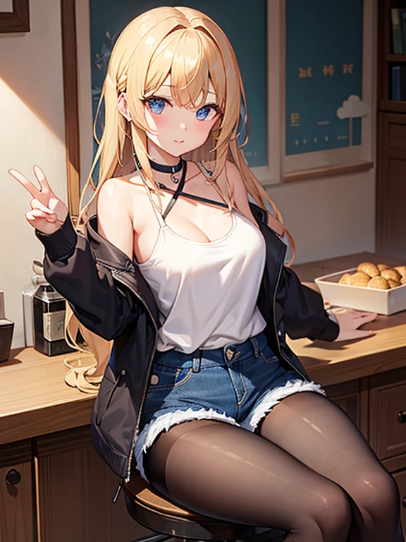 最high quality、Best image quality、masterpiece、With a girl((18-year-old、naked、Nipples、Large Breasts、blonde、Long Hair、blue eyes、Open your chest wide、valley、happiness、Black wristband on wrist、thin、耳のNipplesのリング、The wind is blowing,Drinking coffee、Close to the audience、Face-to-face with your audience、Please sit down、Wink)）high quality、Visual Arts、With background((coffee shop、Counter seats、coffee maker))、table(menu、Coffee Cups Coffee Cups、Sugar Bottle、milk),tableトップ、