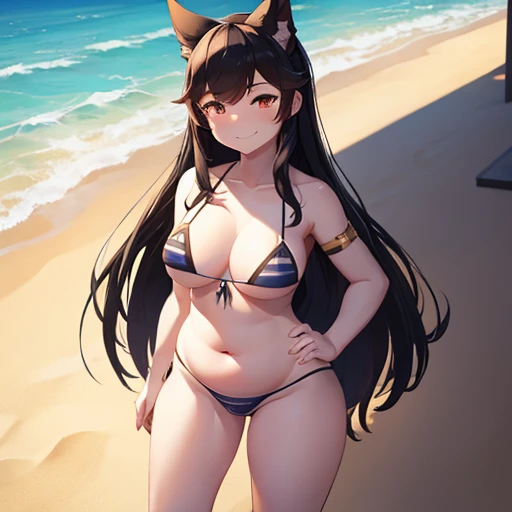 1girl, masterpiece, Atago from Azur Lane, beach, white skimpy micro bikini, full body shown, tall, pudgy, devious smiling face, sexy standing pose hips to the side, black long hair, belly bulge