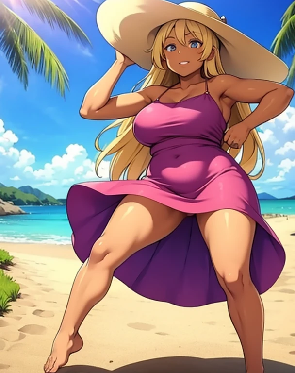 Woman, summer dress, barefoot, tanned, summer hat