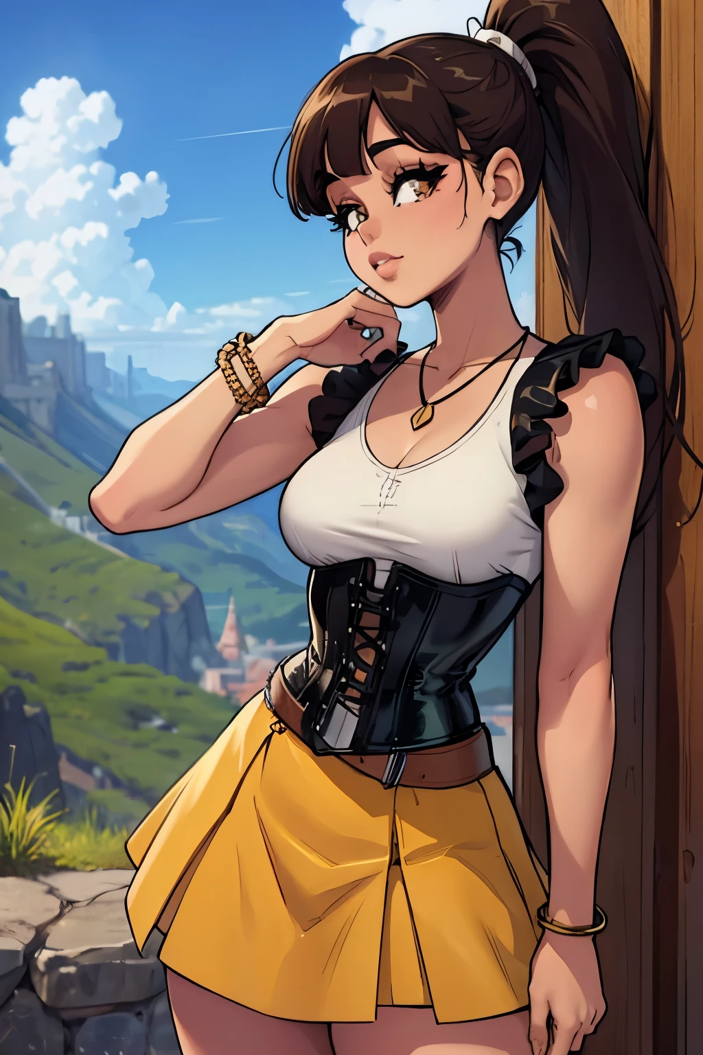young Ariana Grande, bangs, hairpin, long_ponytail, dark_skin, yellow_corset, sleeveless, necklace, bracelets, green_skirt, leather_belt, retrato, outside, natural landscape