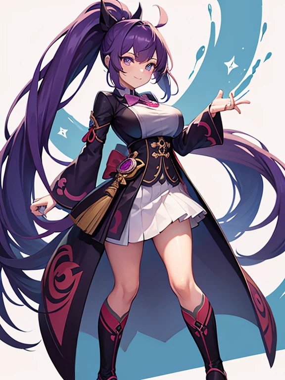 keqing (genshin impact), looking at viewer, purple hair, pink pupils, (white background:1.4), (masterpiece, best quality:1.2), (solo), (1girl), best quality, (photorealistic:1.4),ultra detailed, solo, (full body:1.5), standing, love in eyes, double ponytail, bow hairpins, blushing, smug, smile, white bow tie, maid outfit, long sleeves, miniskirt, big breasts