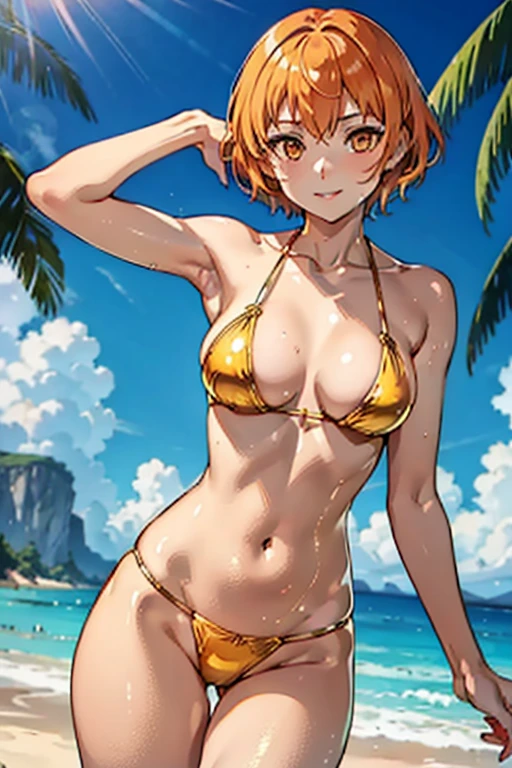 leonie_wearing_a_shiny_golden_bikini, golden_bikini, shiny_wet_skin, short_hair, skinny, beautiful, short_orange_hair, confident_pose, orange_eyes, confident_smile, gentle_expression, high resolution, 8k