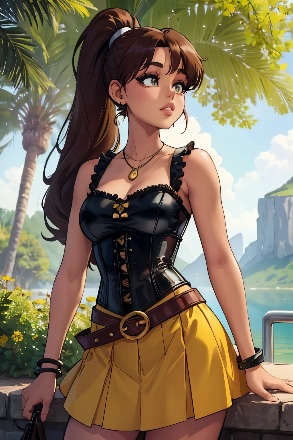 young Ariana Grande, bangs, hairpin, long_ponytail, dark_skin, yellow_corset, sleeveless, necklace, bracelets, green_skirt, leather_belt, retrato, outside, natural landscape